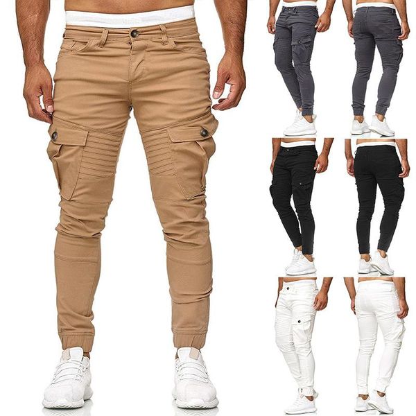 

european-sized men's fashion pleated pocket stitching solid color ankle-binding trousers multi-bag casual kg-585, Blue