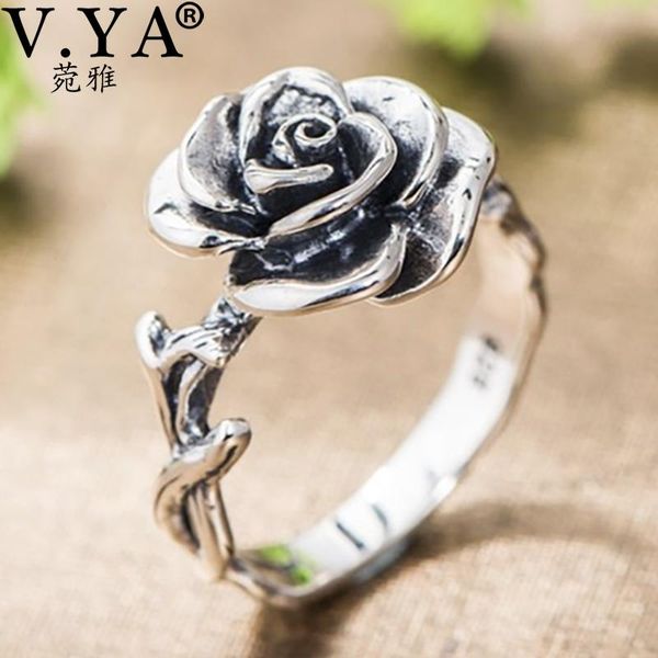 

cluster rings v.ya retro black thai silver rose flower for women 100% 925 sterling finger ring s925 party punk, Golden;silver