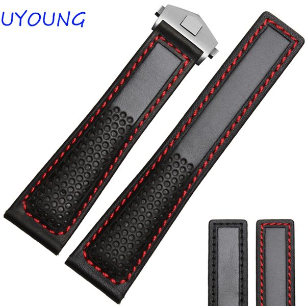

22mm black red genuine leather watch band men air permeability with holes strap cj191225, Black;brown