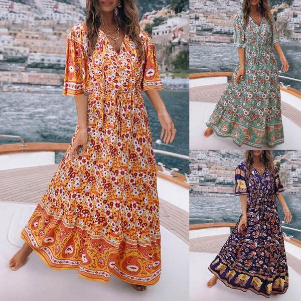 

cover-ups summer maxi dress womens short sleeve solid patchwork v neck casual mujer flapper robe satin bohemian beach dresses1