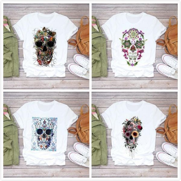 

women summer fashion skull butterfly plant short sleeve lady t-shirts ladies graphic clothes female cotton white