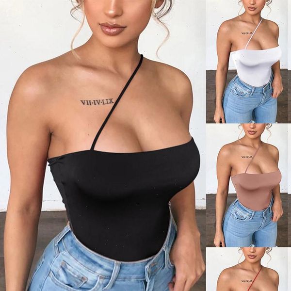 

ladies crop womens summer one shoulder backless solid tank slim fit plus size 5xl vest, White