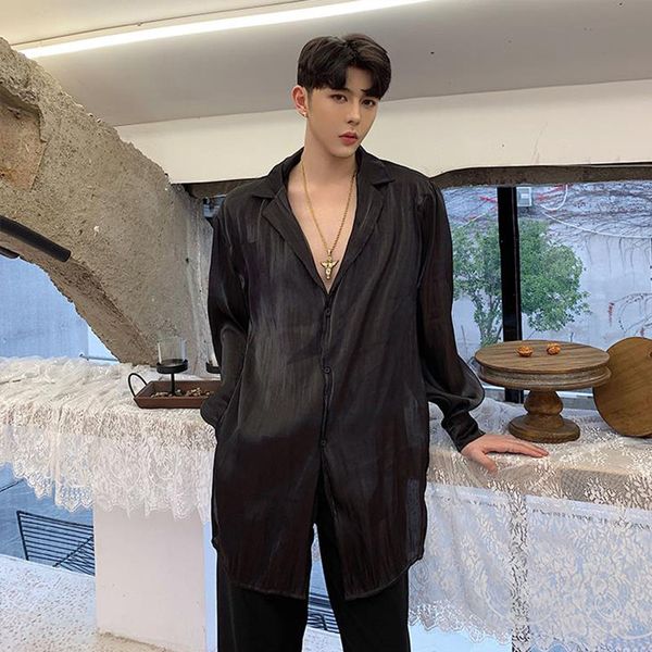 

men organza split casual long sleeve shirt male translucent fashion long style white black dress shirts nightclub clothes