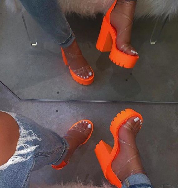 

2021 new women shoes high heel square heel pumps party dress ladies clear shoes peep toe transparent casual shoe woman, Black