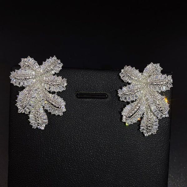 

2021 Luxury Large Leaf Drop Flower Micro Cubic Zirconia Paved Naija Wedding Party Earring for Women, Silver