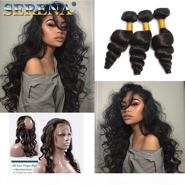 

8a peruvian loose wave human hair weave with 360 lace frontal closure 360 full lace closure with 3 bundles loose deep wave hair, Black;brown
