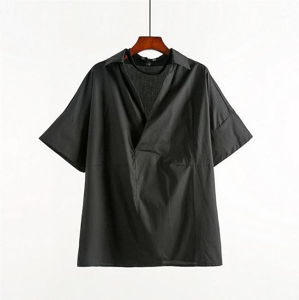 

summer thin new short-sleeved shirt men loose plus size clothes v-neck male personality ice silk breathable wild shirts tide1, White;black