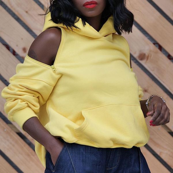 

zipper off shoulder sweatshirts women solid color street style loose long sleeve hooded pullover fashion lady sweater, Black