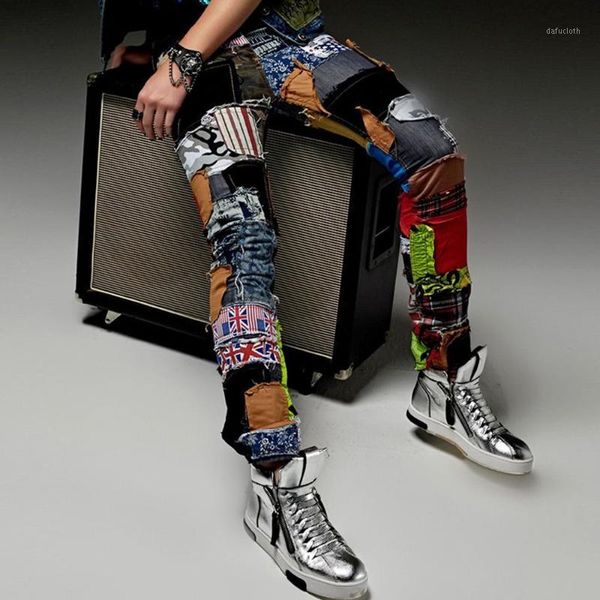 

fashion casual hole patch jeans male beggar pants men singer stage trousers ds costume nightclubs costumes pants1, Black