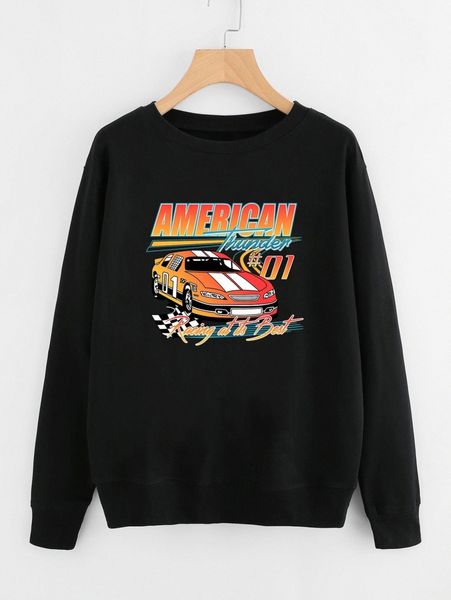 

plus car and slogan graphic pullover r06k#, Black