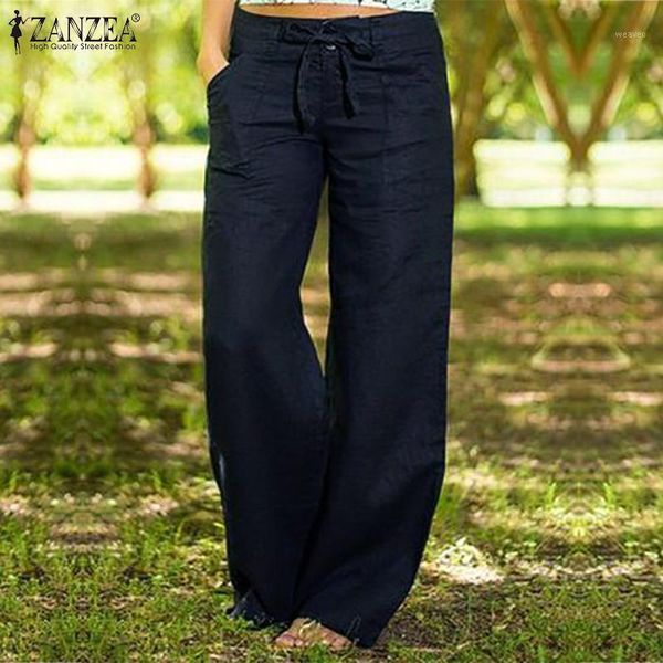 

casual wide leg pants women's autumn trouser 2020 zanzea elegant button zipper long pant plus size turnip woman pantalon palazzo1, Black;white