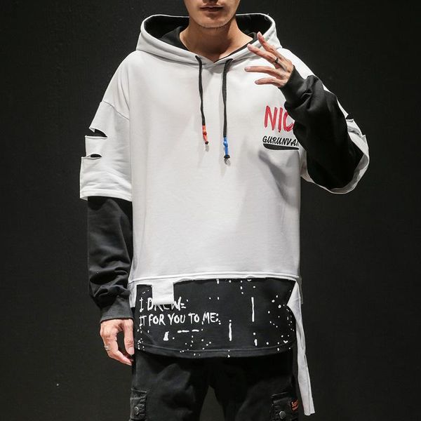 

autumn high street casual printed patchwork holes loose hoodies men fashion streetwear harajuku oversize hooded sweatshirt mens, Black