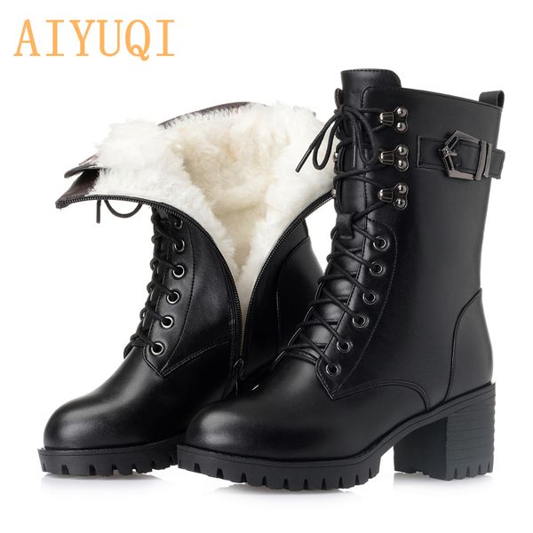 

aiyuqi 2020 genuine leather women military boots size 41 42 43 lace fashion women martn boots high-heeled thick wool boots y1221, Black