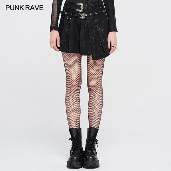

punk rave women's punk vintage asymmetry short skirt a-line steampunk casual mottled half skirts waist loops as decoration, Black