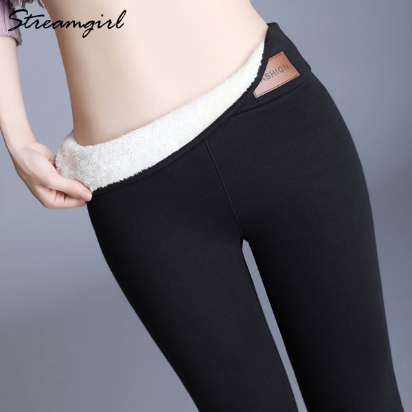 

streamgirl 8%spandex winter high waist leggings plus size women fleece pants warm winter leggings for women velvet trousers lj201104, Black
