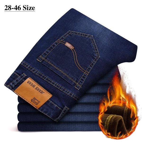 

плюс размер 42 44 46 марка зимние джинсы мужские руно теплые штаны классический бизнес повседневный straight-ноги джинсовые брюки мужской че, Blue