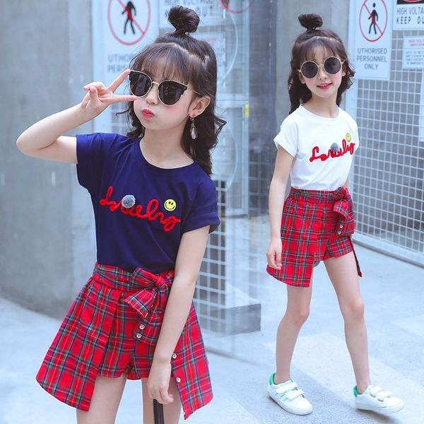 

summer girls clothing set child clothes summer girls boutique outfits t-shirt + plaid shirt 2 to 15 years y200525, White