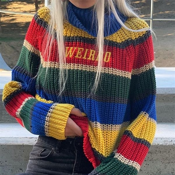 

harjuku contrast stripes roll turtle neck knitted jumper turtleneck sweater with embroidery weirdo oversized for women / 201030, White;black