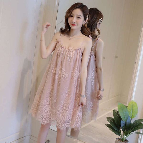 

2019 maternity dress summer new strap lace princess wide truffle back nightdress, Black;gray
