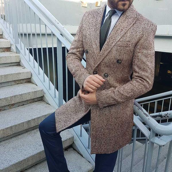 

2020 brown tweed double-breasted overcoat men fall winter fashion casual suit coat mens businee jacket male outerwear1, White;black