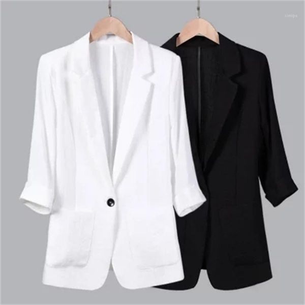 

women blazers new summer cotton linen suit leisure seven sleeve thin linen small suit jacket female plus size 5xl work wear1, White;black