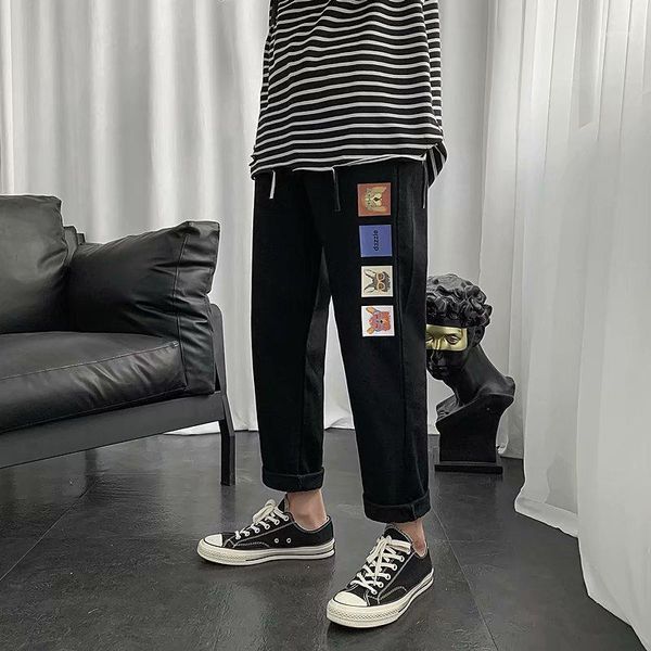 

new cartoon print wide-leg straight-leg jeans men's casual loose nine-point pants all-match old pants1, Blue