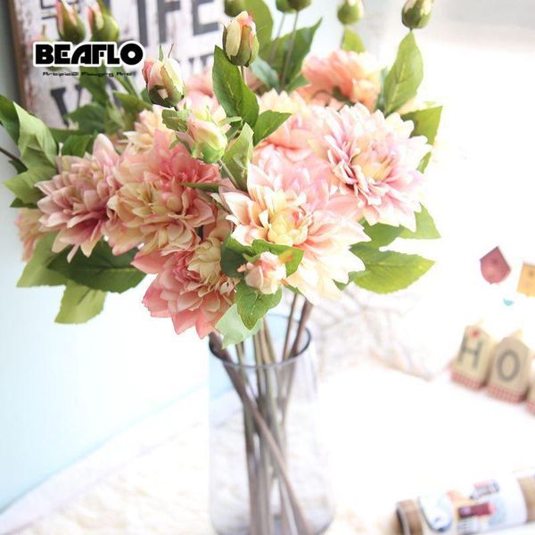 

1pc artificial flower fresh dahlia silk fake floral with vivid leaf for home wedding decoration party garden office decor b10121