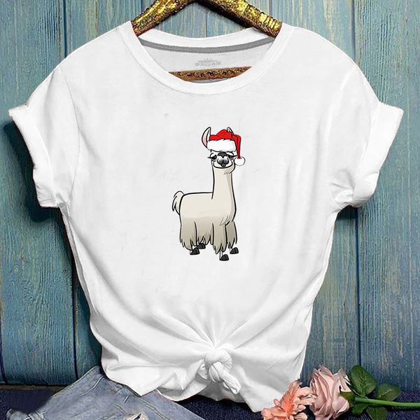 

lh20152 christmas christmas hat alpaca animal cute pattern multicolor printing casual all-match comfortable short-sleeved t-shirt women, White
