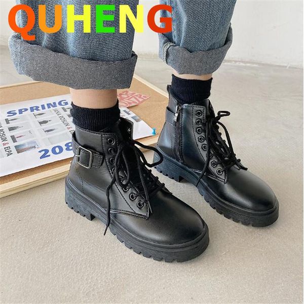 

boots women's 2021 autumn cross straps platform ladies chunky heel retro wild female short mujer, Black