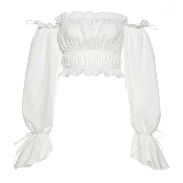 

women's blouses & shirts fashion womens chiffon long puff sleeve off shoulder crop loose casual blouse1, White