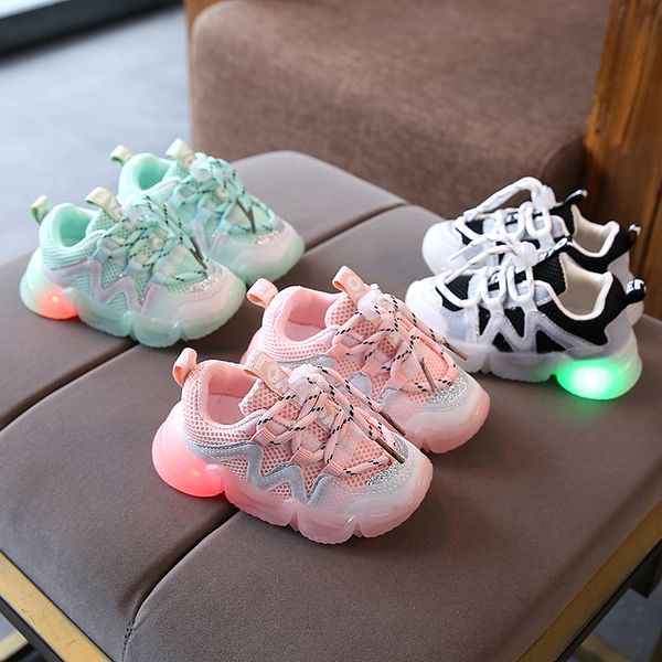 

fashion boys girls children led light luminous sneakers air mesh breathable sports shoes for kids autumn 2020, Black