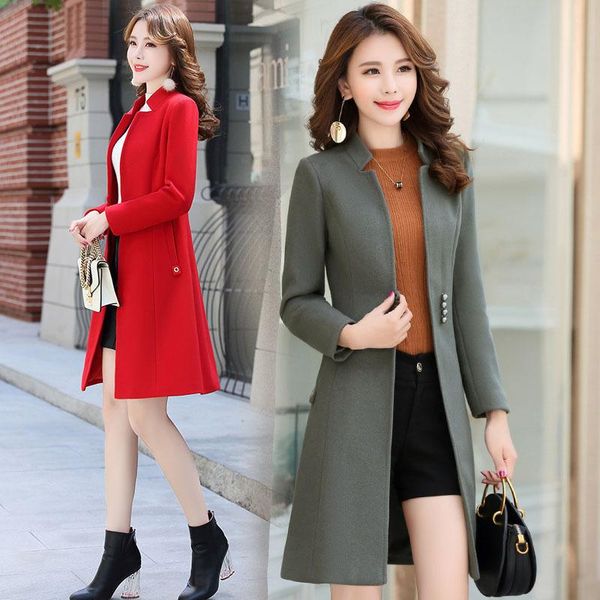 

2020 new women's autumn winter slim stand collar woolen coat long woolen coat wool & blends mother's female jacket, Black