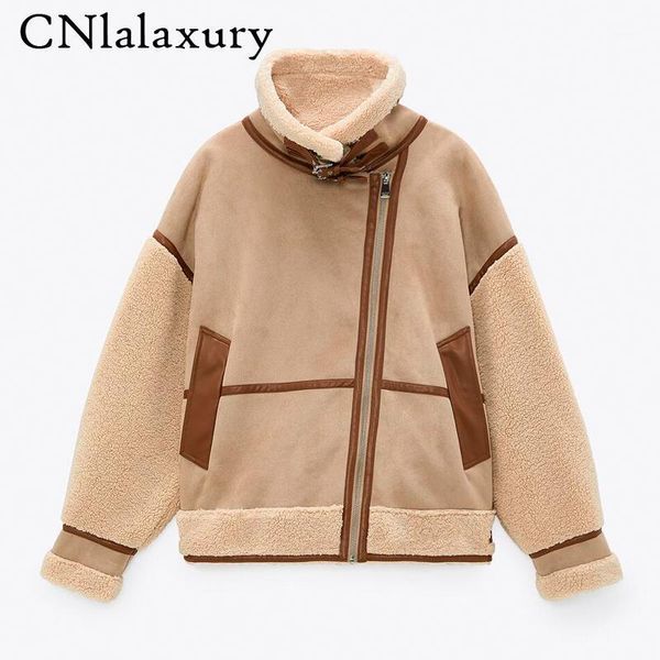 

winter women thick warm vintage patchwork suede lambswool biker jackets coat chic loose faux leather outwear female overcoat1, Black