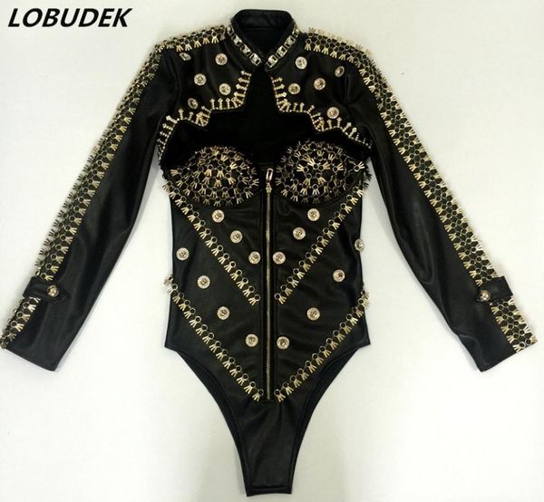 

stage wear pu leather high fork bodysuit bright crystals leotard jumpsuit short jacket sets nightclub bar female singer jazz dj costumes1, Black;red