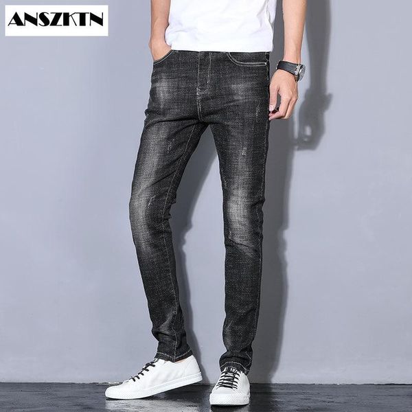 

anszkin new arrivals men'swarm thick jeans winter new style business fashion slim fit stretch black jean trousers, Blue