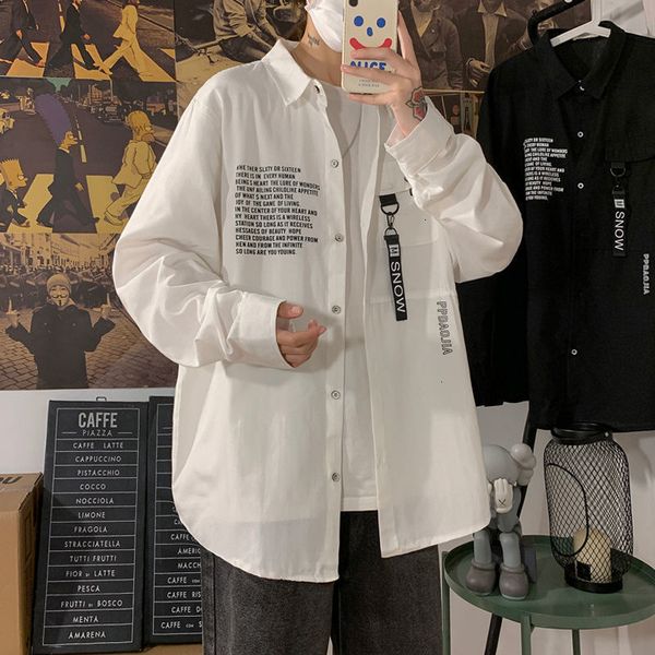 

2021 new privathinker men's casual graphic printed shirts 2021 korean streetwear woman shirt man oversized blouse clothing long sleeve, White;black