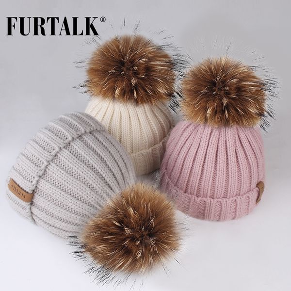 

furtalk winter pompom hat for kids ages 1-10 knit beanie winter baby hat for children fur pom pom hats for girls and boys y201024, Blue;gray