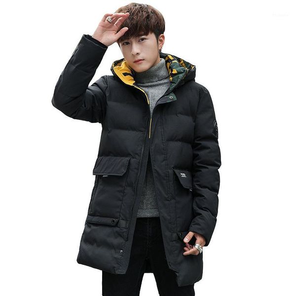 

men winter new hooded long jacket outwear warm cotton coat epaulet big pocket casual thick cotton clothing clothes male parka1, Black
