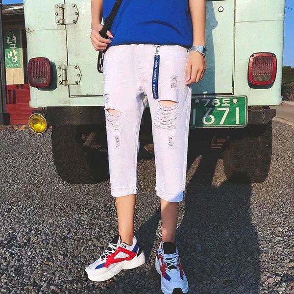 

men's jeans seven-minute pants men summer slim-style 2021 with loose trend and holes in korean edition1, Blue