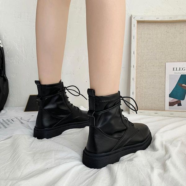 

brand women's shoes white ankle boots round toe lace up flat heel booties ladies low heels booties boots-women fashion short, Black