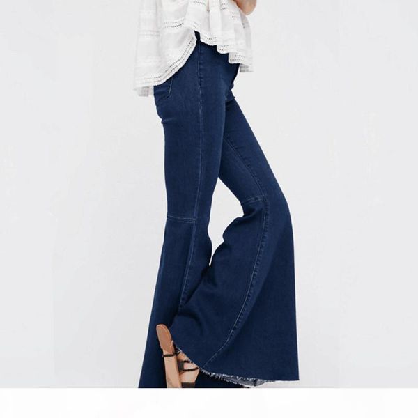 

2018 fall women jeans vintage high waist elastic denim flare pants skinny full length streetwear female jeans trousers, Blue