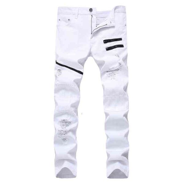 

men's jeans man ripped hole straight brand denim with contrast color fashion casual zipper male pants slim trousers black white red 0f8, Blue