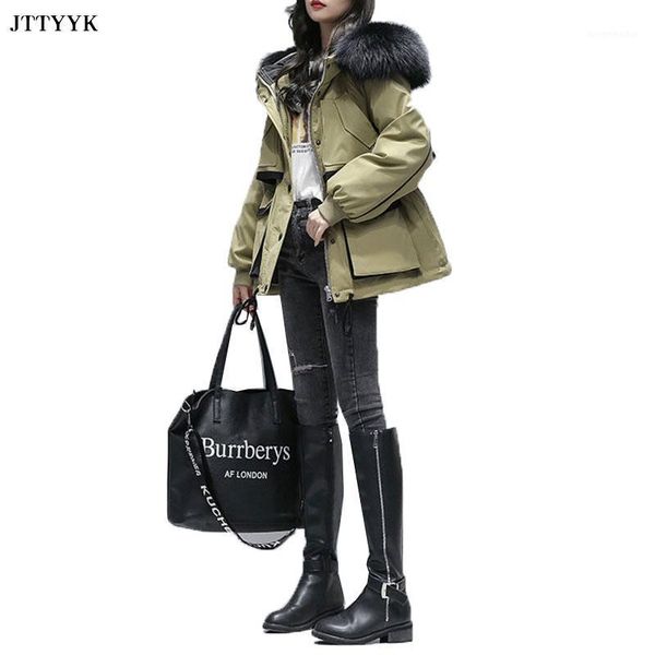 

winter parker down cotton coat womens tooling wind waist slimming jacket women 2020 new fashion hooded faux big fur collar parka1, Black