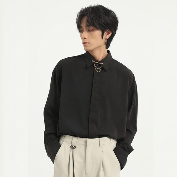 

men's casual shirts male solid color japan korea streetstyle dress men metal decoration long sleeve business shirt, White;black