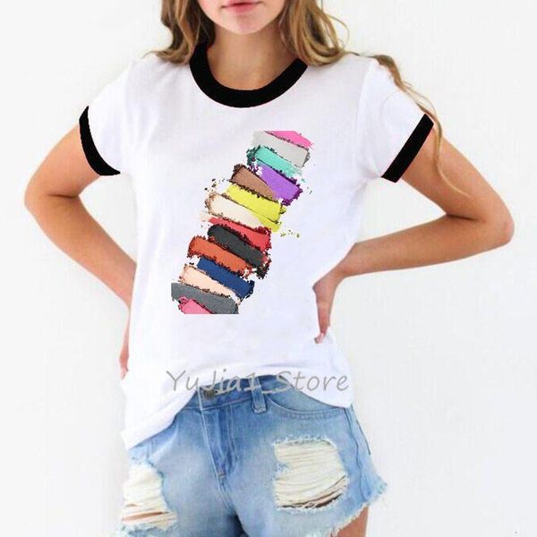 

new arrival tshirt women 2021 cute cosmetic traces print t-shirt femme summer harajuku rainbow shirt white t shirt ringer tee