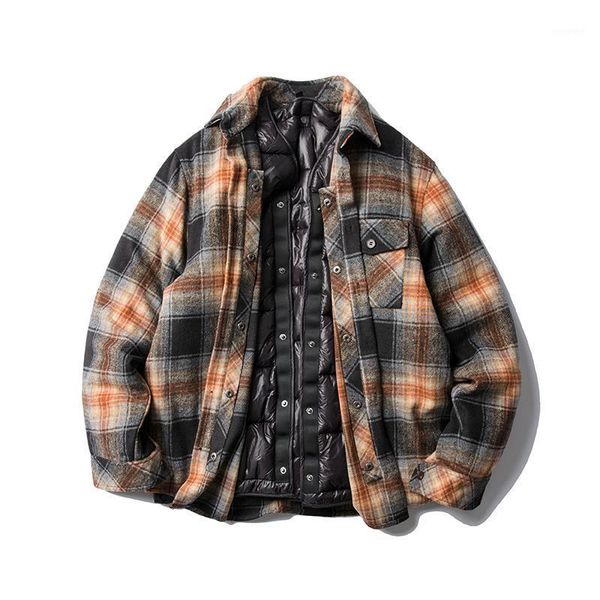 

men removable liner casual loose plaid shirt parkas jacket outerwear male streetwear hip hop vintage cotton padded coat overcoat1, Black