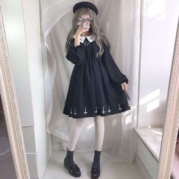 

autumn and winter korean version of spring girl collar net yarn big skirt long sleeve sunshine dress, Black;gray