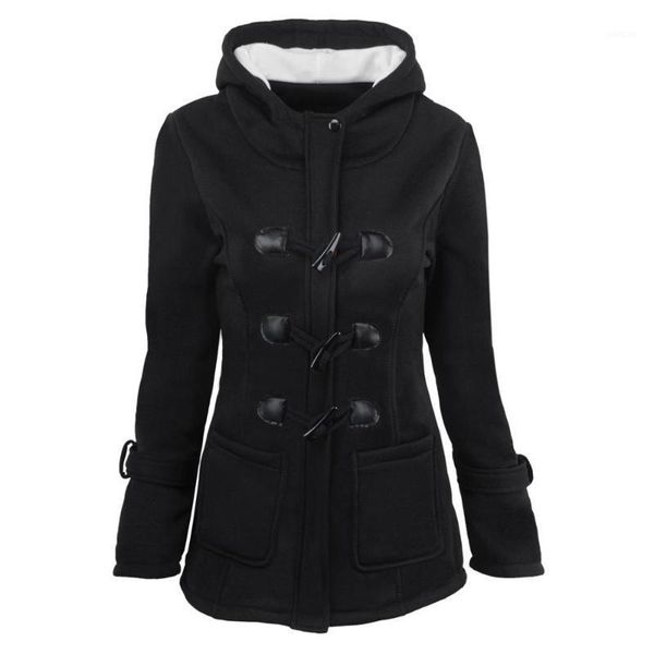 

women's ox horn button coat 2020 autumn new thicken cotton blended hooded jacket1, Black