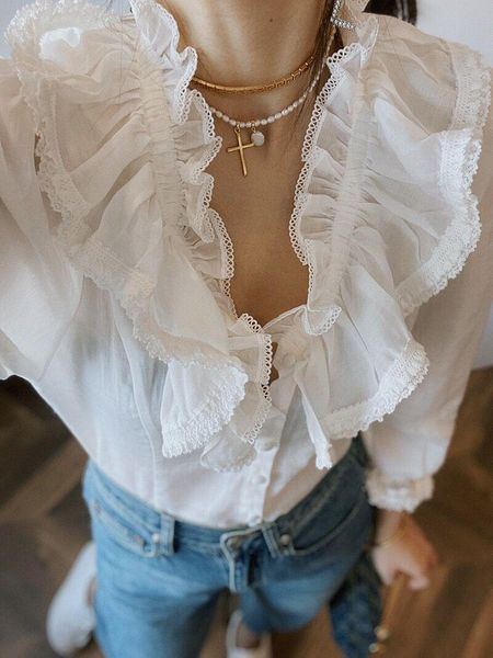 

boho inspired ruched ruffle blouse women vintage v-neck crocheted edges white women cotton new button up shirt fashion
