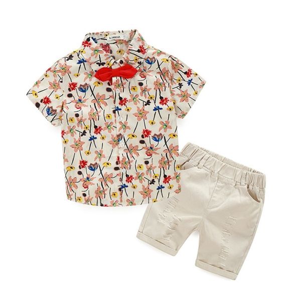 

kids sets boys floral clothing summer fashion bow flower t-shirt+short pants 2 pcs yan-100 mc, White